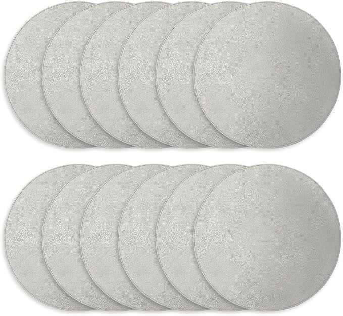 Morgan Faux Leather Round Set of 12 Placemats, 15", Silver, Heat Resistant, Stain Resistant, Non-Slip, Reversible, Durable Table Mats for Kitchen, Dining Table, Indoor Washable Use - Image 2