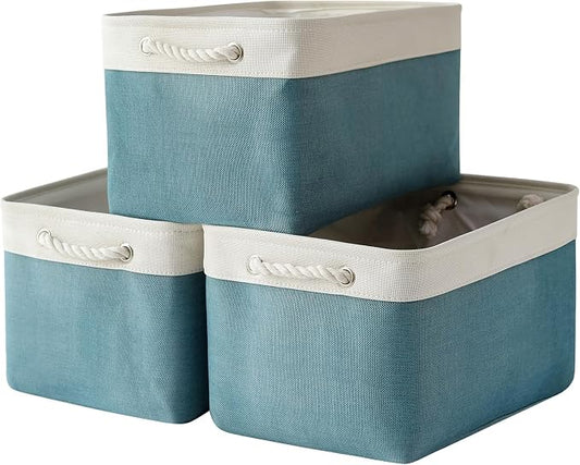 Organization and Storage basket for Organizing - 3 Pack 16x12x12 inch Cube Storage Bin for Shelves, Fabric Storage Cubes for Organizer Cloth Closet Toy Box (White & Green) by TheWarmHome