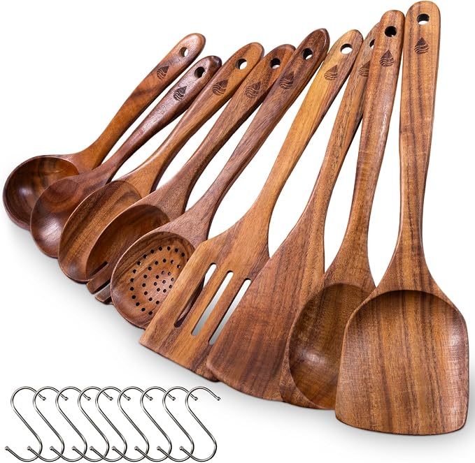 9 Pcs Teak Wooden Utensils Set, Wooden Cooking Utensil | Non-Toxic & Nonstick Safe Kitchen Utensil, Durable Comfort Grip， Heat Resistant Wood Cookware with Hooks by Vorisebo