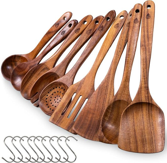 9 Pcs Teak Wooden Utensils Set, Wooden Cooking Utensil | Non-Toxic & Nonstick Safe Kitchen Utensil, Durable Comfort Grip， Heat Resistant Wood Cookware with Hooks by Vorisebo