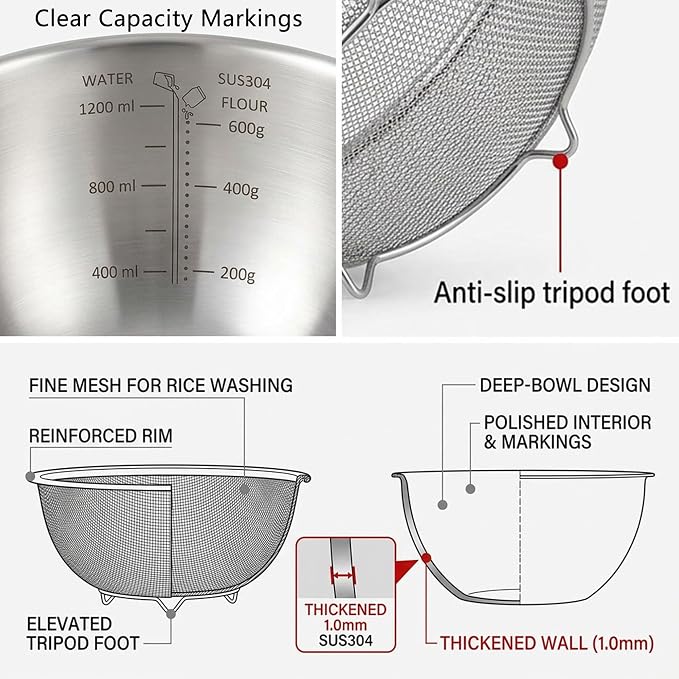 18/8 Stainless Steel Bowl and Colander Set, 6-Piece, Nesting | 3 nesting mixing bowls with measurement marks and 3 fine 30-mesh strainers for rice,vegetables, pasta, baking, and food prep - Image 3
