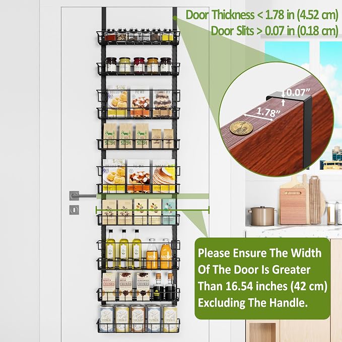 Churboro 9 Tier Over Door Pantry Organizer, 2-in-1 Adjustable Spice Rack | Metal Pantry Door Organizers and Storage, Hanging or Wall Mount Shelves with 9 Adjustable Baskets, 3 Safety Bars, Black - Image 3