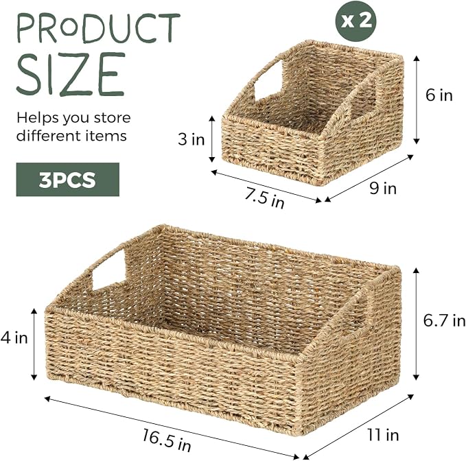 Set of 3 Handwoven Storage Baskets – Decorative Natural Wicker Organizer Bins with Built-in Handles for Bathroom, Kitchen, Pantry, Nursery, Closet, Laundry, Living Room, and Home Use - Image 2