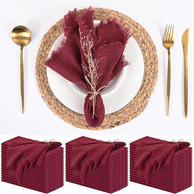 50 Pack Burgundy Cloth Napkins, 16 x 16 Inch Cotton with Fringe Settings | Handmade washable reusable cotton dinner napkins in bulk for weddings, parties, rustic boho table settings by FXKS