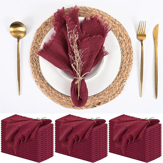 50 Pack Burgundy Cloth Napkins, 16 x 16 Inch Cotton with Fringe Settings | Handmade washable reusable cotton dinner napkins in bulk for weddings, parties, rustic boho table settings by FXKS