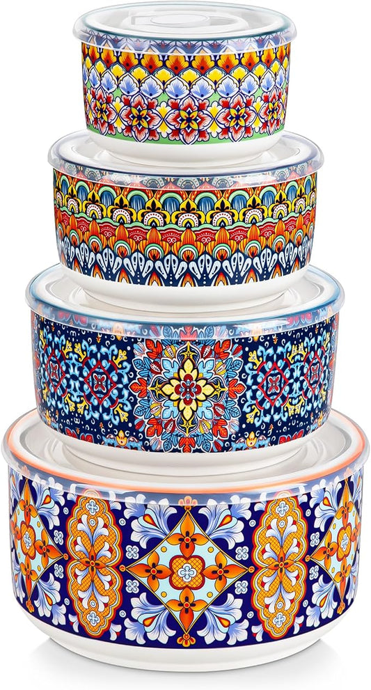 vancasso SIMI Serving Bowls with Lids, Ceramic Mixing Bowls Set of 4, Boho | Nesting Bowls for Food Storage, Prep, Stackable Bohemian Bowls, Dishwasher & Microwave Safe Gift Set, 60/36/20/10 OZ by vancasso