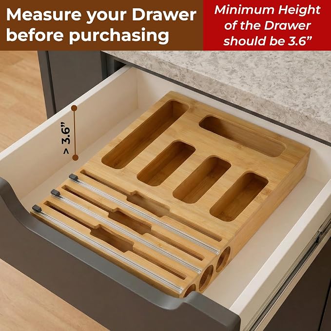 9-in-1 Bamboo Kitchen Drawer Organizer - Storage Bag Holder with Built-In Foil & Wrap Cutter Dispenser - Wooden Food Storage Bag Organizer for Gallon, Quart, Sandwich and Snack Sizes - Image 3