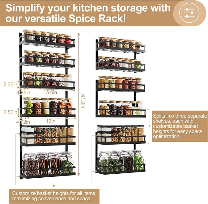 X-cosrack 6-Tier Wall-Mounted Spice Rack Organizer with Mixed Basket Sizes, Height-Adjustable Hanging Spice Shelf for Kitchen Pantry Cabinet, Large-Capacity Seasoning Holder, Black - Image 5