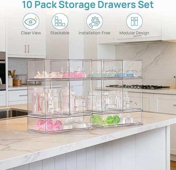 Vtopmart 10 Pack Baby Bottle Organizer Set, Stackable Storage Drawers Ideal for Kichen Countertop, Vanity, Bathroom, Cabinet, Pantry Organization - Image 3