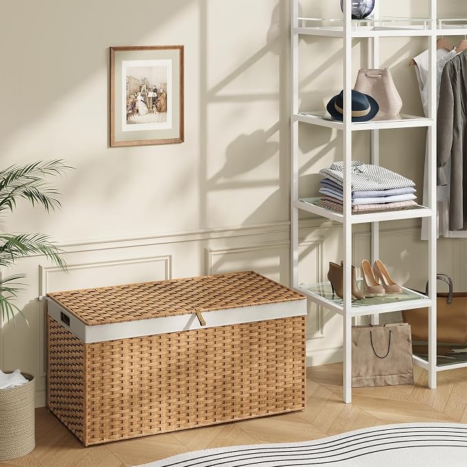 HOOBRO Storage Basket with Lid, 52.8 Gallon (200L) Wicker Basket, Handwoven Blanket Storage Basket with Handles, Metal Frame and Soft Lining, Foldable for Bedroom, Laundry Room, Natural NL220CW01 - Image 4