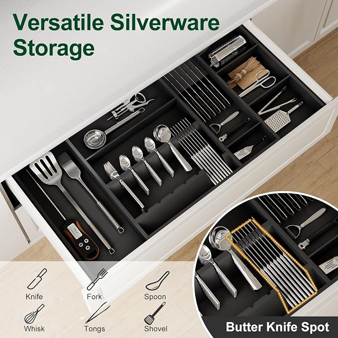 Bamboo Silverware Drawer Organizer, 17.72-29.53 Inch Expandable Large Kitchen Drawer Organizer, 5-8 Slot Flatware with Removable Card Slots & Knife Block for Spoon Butter Knive, Black - Image 3