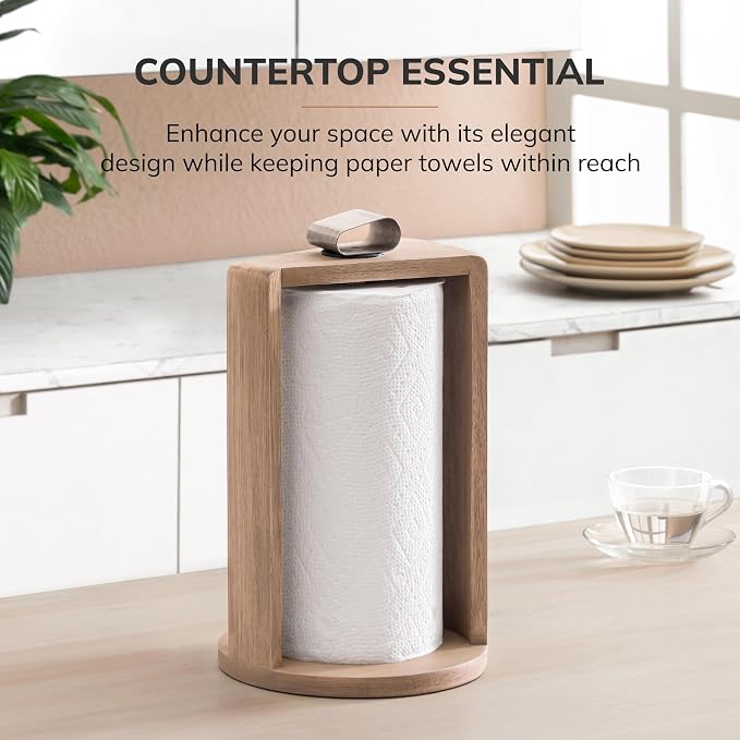 Anji Mountain Wooden Paper Towel Holder with Metal Holder, Holder Stand for Kitchen Roll Organizer & Kitchen Dining Table Home Décor, Countertop Fits Jumbo & Mega Rolls - Biscotti/Nickel, Top Load - Image 6