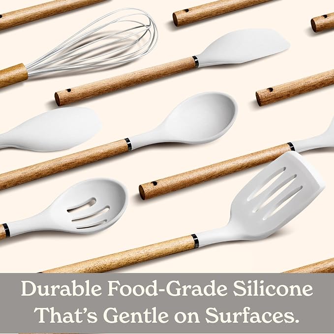 Country Kitchen Non Stick Silicone Utensil Set with Rounded Wood Handles for Cooking and Baking, 8 Piece Set, White - Image 4