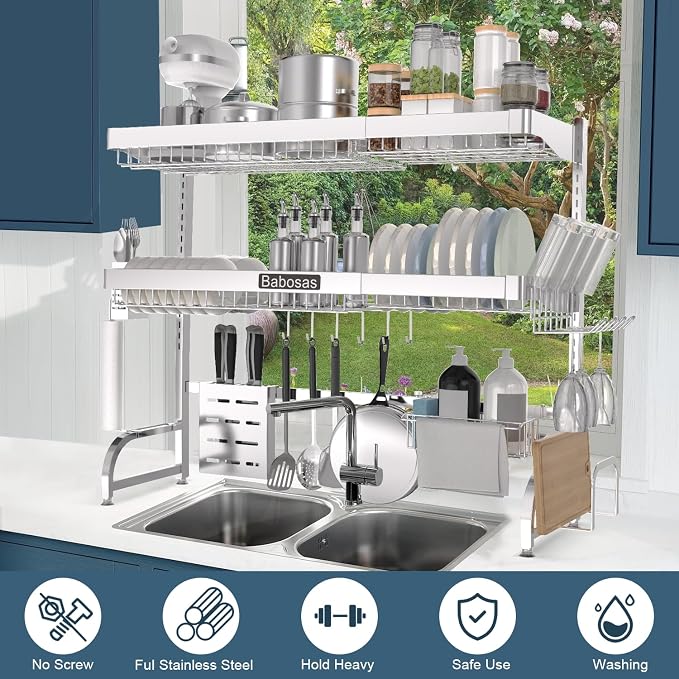 Over The Sink Dish Drying Rack,3 Tier Adjustable Length (25.5'' to 37.4'') Full Stainless Steel Large Storage Kitchen Dish Rack,For Kitchen Counter Expandable Multifunctional Organizers,Silver - Image 2