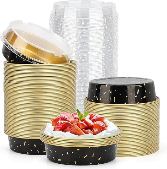 Beasea Mini Aluminum Pie Pans with Lids, 100 Pack 4” 8oz Black Gold Baking Pie Foil Tins Small Round Tart Cups Containers for Individual Cupcake Muffin Cheesecake Dessert Ramekins Quiche Oven Dishes by Beasea