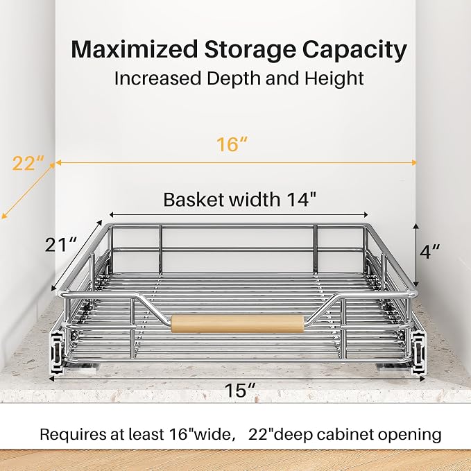 Pull out Cabinet Organizer, 15"W X 21"D, Heavy Duty Smooth Sliding Under Cabinet Shelves for Pots and Pans, Full-Extension Roll out Drawers, Slide out Organization for Home Kitchen Pantry - Image 3