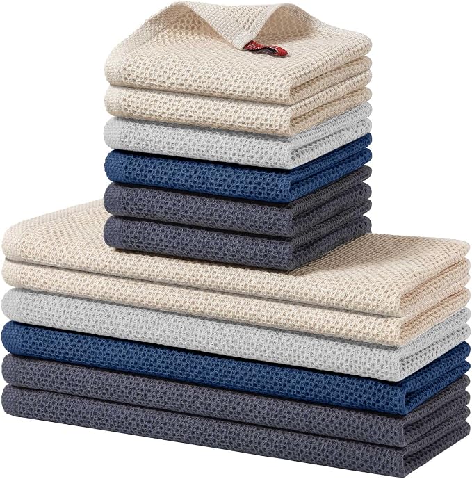 Homaxy 12 Pack 100% Cotton Kitchen Towels and Dishcloths Set, Assorted | 12 x 12 Inches and 13 x 28 Inches Kitchen Towels Set, Ultra Soft Absorbent Dish Cloths for Washing Dishes by Homaxy