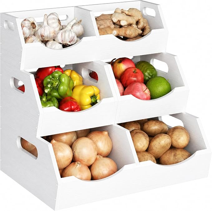 Potato and Onion Storage Bin, 3 Tier Bamboo Kitchen Storage Rack, Stackable Ventilated Pantry Organizer with Handles for Garlic Peppers Vegetables, Countertop Produce Bins, White(Assembly Required) by Unknown
