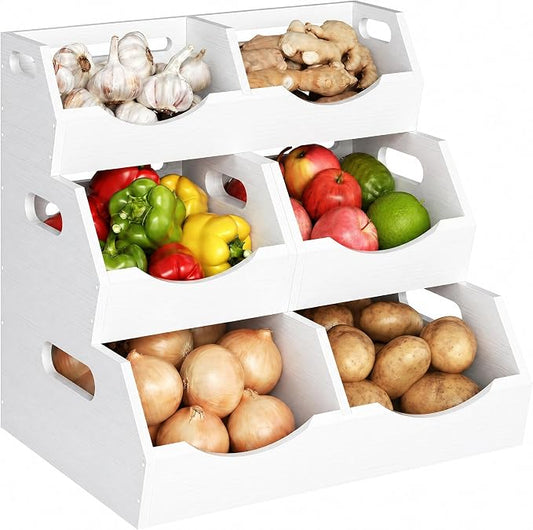 Potato and Onion Storage Bin, 3 Tier Bamboo Kitchen Storage Rack, Stackable Ventilated Pantry Organizer with Handles for Garlic Peppers Vegetables, Countertop Produce Bins, White(Assembly Required) by Unknown