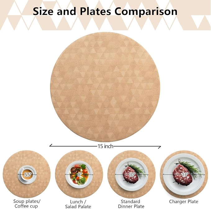 Jovono Upgraded 15" Round Placemats Set of 8, Waterproof & Oil-Proof, Non-Slip Reversible Washable Big Table Mats, Spill-Proof for Kids Families, Restaurant, Hotel, Kitchen, Indoor, Netutral - Image 4