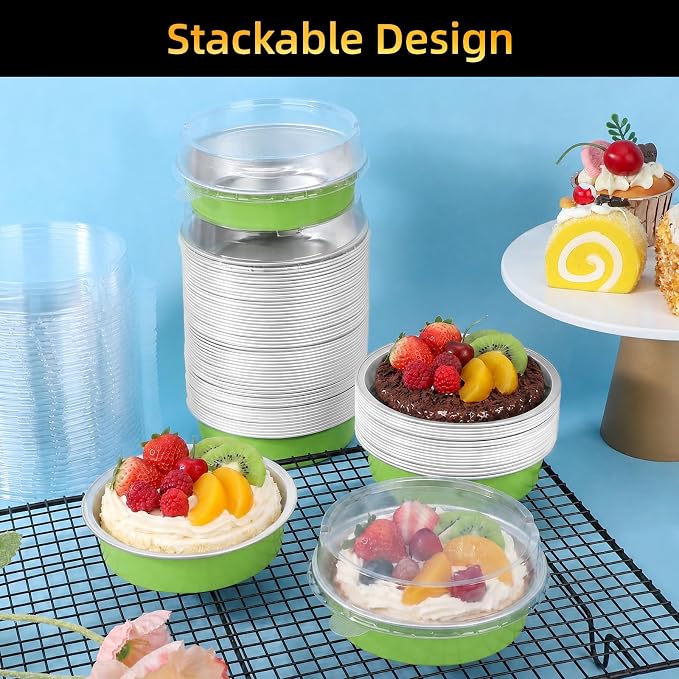 Beasea Mini Tart Pans with Lids 120 Pack, 7.3oz 4 Inch Matcha Green Disposable Aluminum Foil Baking Cups Pie Tart Tins Individual Dessert Mini Cake Containers Oven Dishes for Cheesecake Muffin - Image 5