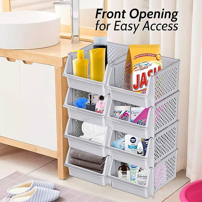 Stackable Storage Bins Open Front for Pantry Storage, 4 Pack - Light Grey | Sturdy Plastic, Easy Stacking, Open Front Access, Ventilated Sides, Vertical & Space Saving Pantry Organizers and Storage Bin - Image 4