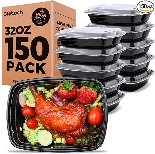Glotoch Express 32oz 1-Compartment Meal Prep Containers with Lids, Durable BPA-Free Plastic Meal Prep Boxes, Microwave/Freezer/Dishwasher Safe, 150 Pack by GlotochExpress