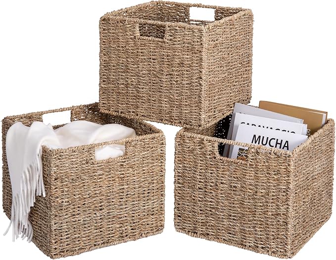 12x12x10in Seagrass Storage Baskets Set of 4, Large Wicker Storage Basket, Decorative Seagrass Shelf Basket, Pantry Baskets Organization,Folding Storage Cube Bins - Image 4