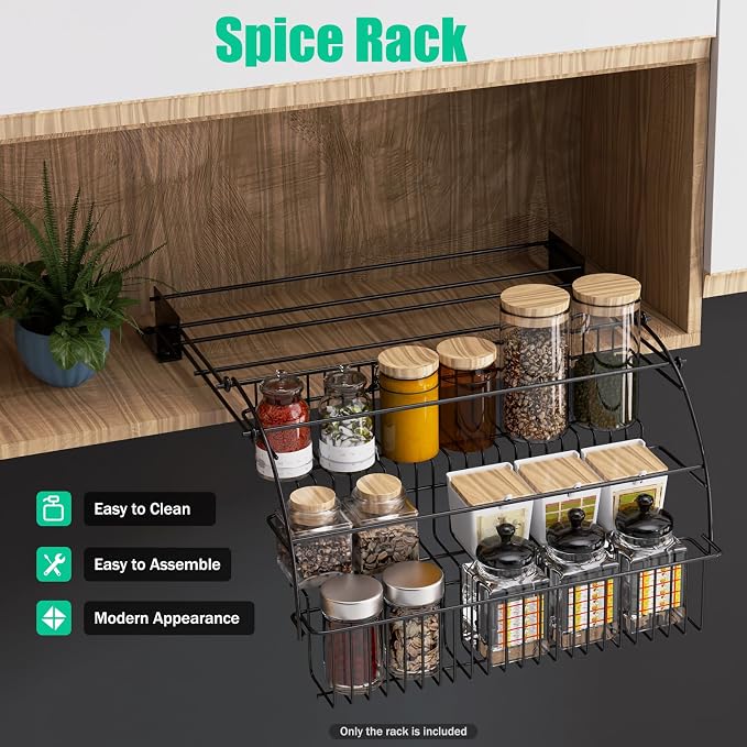 3-Tier Pull Down Spice Rack,Large Capacity Kitchen Storage Shelf Organizer Heightened Guardrail & Enlarged Mounting Plate for Cabinet/Pantry Holds Seasoning Jars Bottles Shakers Retractable Organizer - Image 6