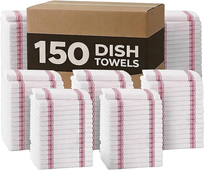 Dish Towels 150 Pack Red Stripe 100% Cotton Kitchen Towel 15x25 Inch Tea Towels, Bulk Dish Cloths for Washing Dishes, Kitchen Rags for Drying Dishes by Avalon+Kitchen