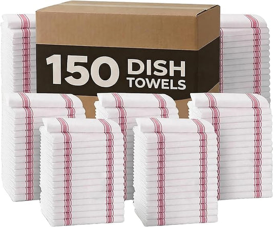 Dish Towels 150 Pack Red Stripe 100% Cotton Kitchen Towel 15x25 Inch Tea Towels, Bulk Dish Cloths for Washing Dishes, Kitchen Rags for Drying Dishes by Avalon+Kitchen
