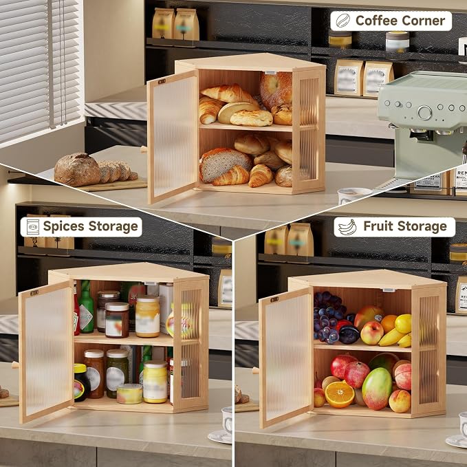 Corner Bread Box for Kitchen Countertop,Bread Storage Bin (Natural, Mediun) | Double Layer Large Capacity Bamboo Bread Container with Acrylic Door,Height Adjustable - Image 8