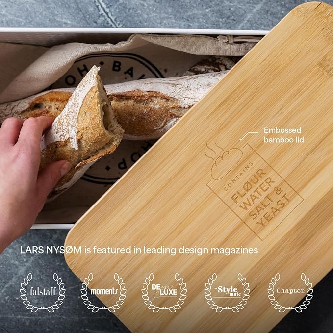 LARS NYSØM Bread Box I Metal Box for long lasting freshness I Bread Bin with bamboo lid usable as cutting board I 13.4x7.7x5.3In (Pebble Gray) - Image 5