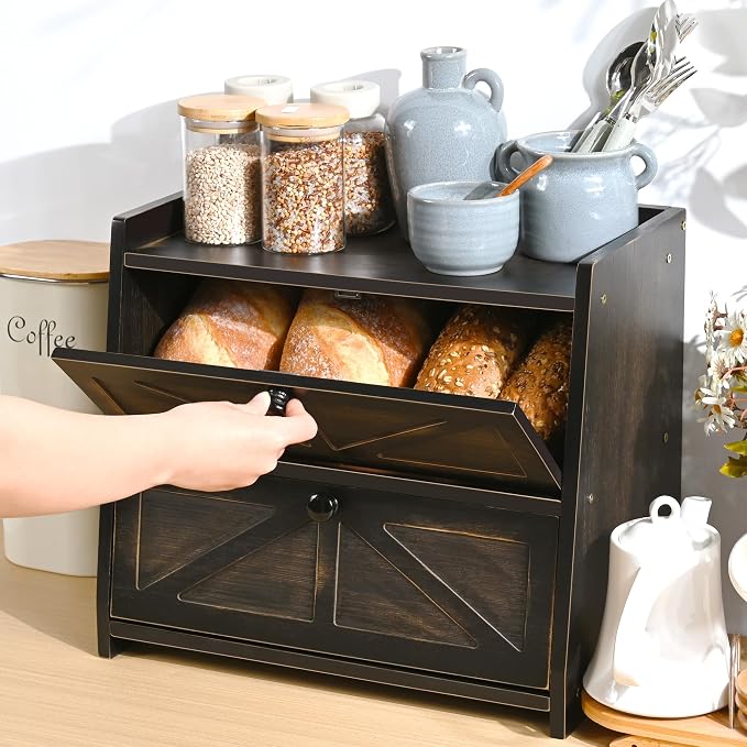 Bamboo Corner Bread Box for Kitchen Countertop 2-Tier Black | Farmhouse Bread Storage Container, Large Pantry Organizers for Homemade Snacks, Loaves, Breathable Keeps Bread Fresh - Image 2