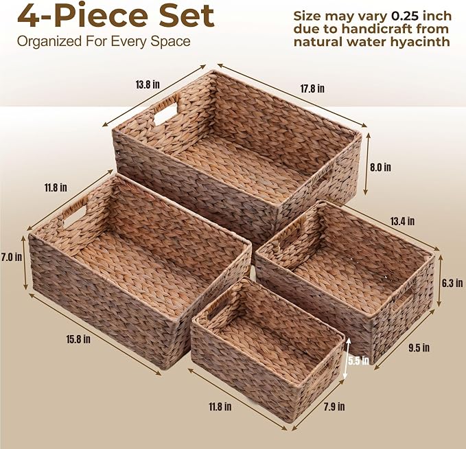M4DECOR Set of 4 Water Hyacinth Storage Baskets for Shelves – Handwoven Wicker Baskets for Organizing, 4 Sizes (S/M/L/Jumbo) - Image 2