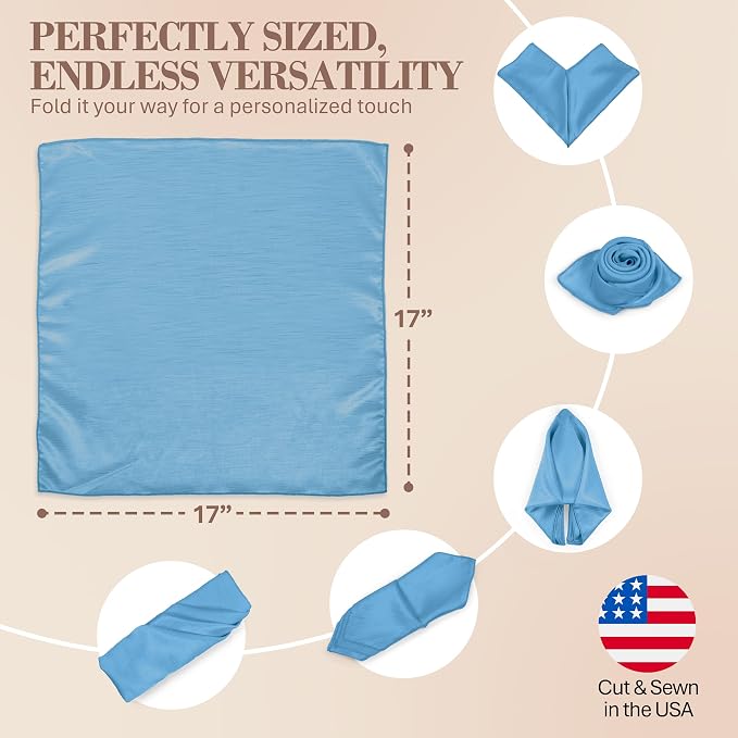 17x17-Inch Shantung Cloth Napkins, Light Blue, Set of 12 | Bulk Case of 1 Dozen, Satin, Square, 100% Polyester Fabric, Reversible, Faux Dupioni Silk Reverse Side, Machine Washable - Image 6