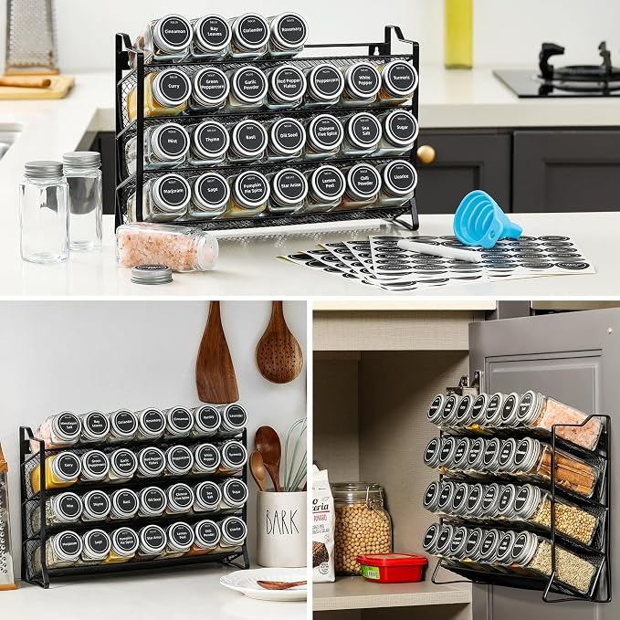 AOZITA Spice Rack Organizer with 28 Empty Spice Jars with Silver Lids, Funnel, Labels - Seasoning Organizer for Countertop, Cabinet, Kitchen, Pantry - Image 7