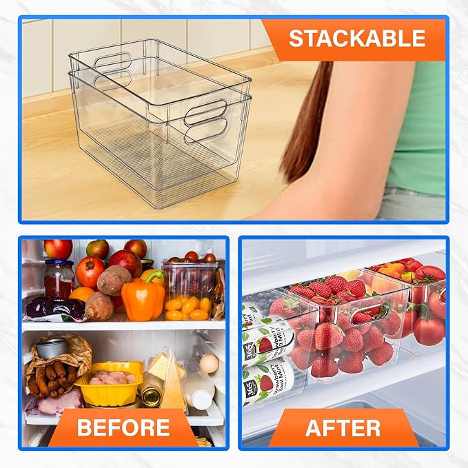 Lifemaster Stackable Refrigerator Bins - Set of 10 Large Capacity Organizers with Easy Grip Handles - Clear and Versatile for Kitchen Storage - Image 5