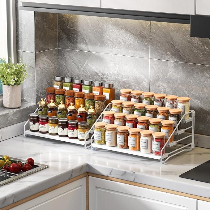 2 Pack Spice Rack Organizer for Cabinet, Depth Adjustable 4 Tier Spice Rack | White, Metal Spice Organization for Cabinet, Easy Visibility, Tiered Spice Rack Perfect for Cabinet, Pantry and Countertop - Image 5