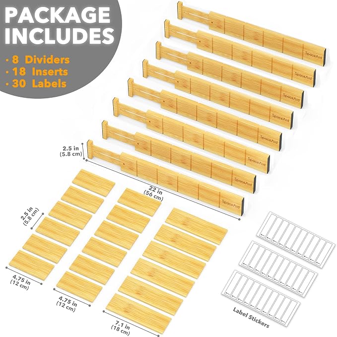SpaceAid Bamboo Drawer Dividers with Inserts and Labels, Kitchen Adjustable Drawer Organizers, Expandable Organization for Home, Office, Dressers and Bathroom, 8 Dividers with 18 Inserts (17-22 in) - Image 3