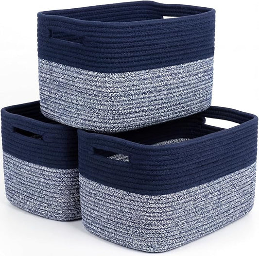 Storage Baskets for Organizing, 14 x 10 x 9” Closet Shelf Woven Baskets, Square Bins with Handles, Cotton Rope Basket for Clothes, Office, Room, Grey+Blue 3 Pack by Unknown