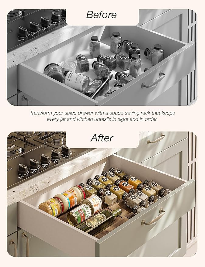 Tinamo Acacia Wooden Spice Rack Organizer for Cabinet - Spice Drawer Insert, Spice Organization for Cabinet, Seasoning Organizer, Spice Holder Pack of 8 (Walnut, Pack 8) | Acacia Wood Construction, No assembly, Stackable 4-tray design, Spacious for up ... - Image 4