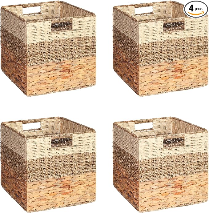 SpaceAid 4 Pack 3 Pattern Design Wicker Basket, Baskets for Organizing, Storage Rattan Basket with Handles for Shelves, Woven Cube Storage Bin Organizer, 13x13x13 inch, Natural by SpaceAid