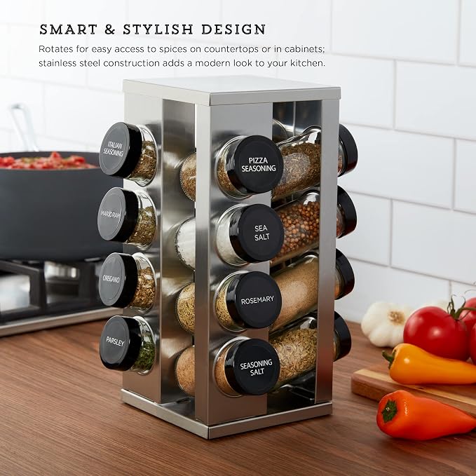 Kamenstein 16 Jar Heritage Revolving Countertop Spice Rack Organizer with Spices Included, FREE Spice Refills for 5 years, Brushed Stainless Steel with Black Caps - Image 2