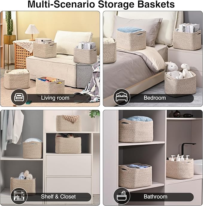 ICERZCZ Small Storage Baskets for Shelves Organizing, Woven Cotton Rope Baskets for Storage, Book Basket, Decorative Shelf Basket, 12.5"Lx9.1''Wx7.9''H (4 Packs) Mixed Brown - Image 5