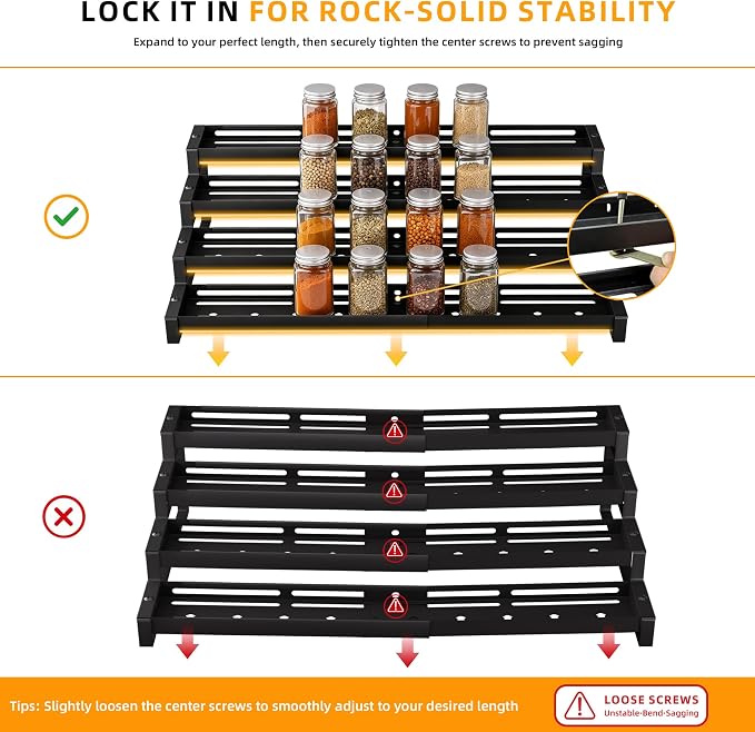 Spice Rack Organizer for Cabinet, 13-21.5" Expandable Spicy Shelf | 11.6" Depth 4-Tier Black Metal Seasoning Organizer, Kitchen Spice Organization, Slip-Resistant Guardrails for Jars and Cans - Image 6