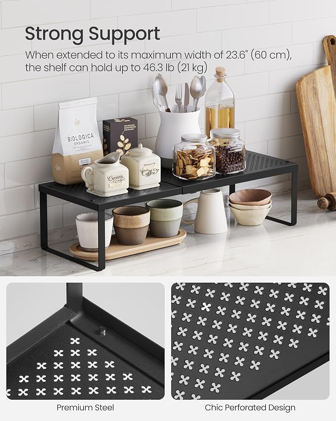 SONGMICS Spice Racks Expandable Kitchen Countertop Shelves, Metal | Set of 2 small cupboard organizers, space-saving tabletop shelves, Matte Black, UKCS402B01 - Image 4