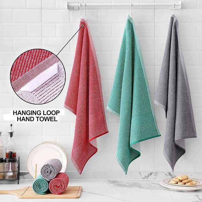 Homaxy 380 GSM Cotton Premium Kitchen Towels 6 Pack, 18"x 28", Mix | Flat and Terry Dish Towels, Highly Absorbent Tea Towel Set with Hanging Loop, Soft Kitchen Hand Towels, Grey/Red/Green - Image 3