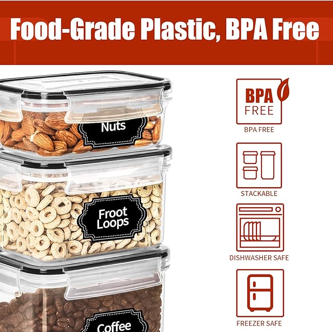 PRAKI 30 Pack Airtight Food Storage Containers for Organizers and Storage | Kitchen Storage Containers for Cereal Flour Sugar Storage, BPA Free, 5 Sizes, Container with 20 Labels, 6 Spoon & Marker - Image 4