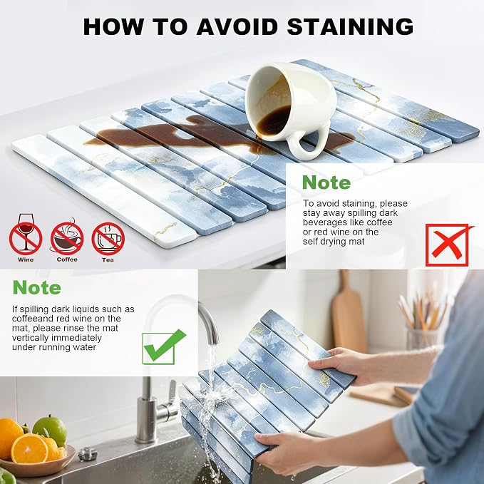 Stone Drying Mat for Kitchen Counter, Quick Diatomaceous Earth Mats for Dishes, 24"L x 16" W Super Absorbent Fast-Drying Collapsible Countertop Stone Mat (Marble White Blue, 24" x 16") - Image 6